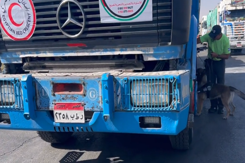 UN Humanitarian Aid trucks lined up in Egypt to enter Gaza.