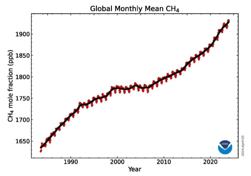 Global mean NH4 atmospheric concentrations through 2023.
