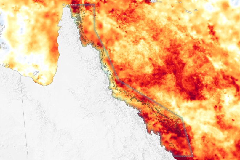 March 2024 heat stress map of the Great Barrier Reef.