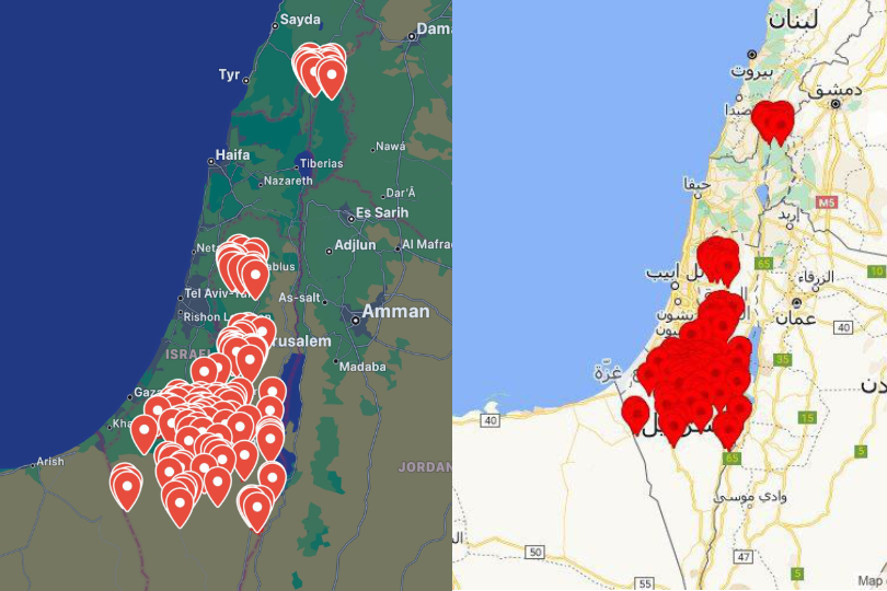 IDF and Iranian maps showing where Iran's drones and missiles arrived in Israel April 13-14, 2024.