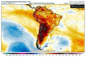 South America High Temperature Anomalies August 1, 2023
